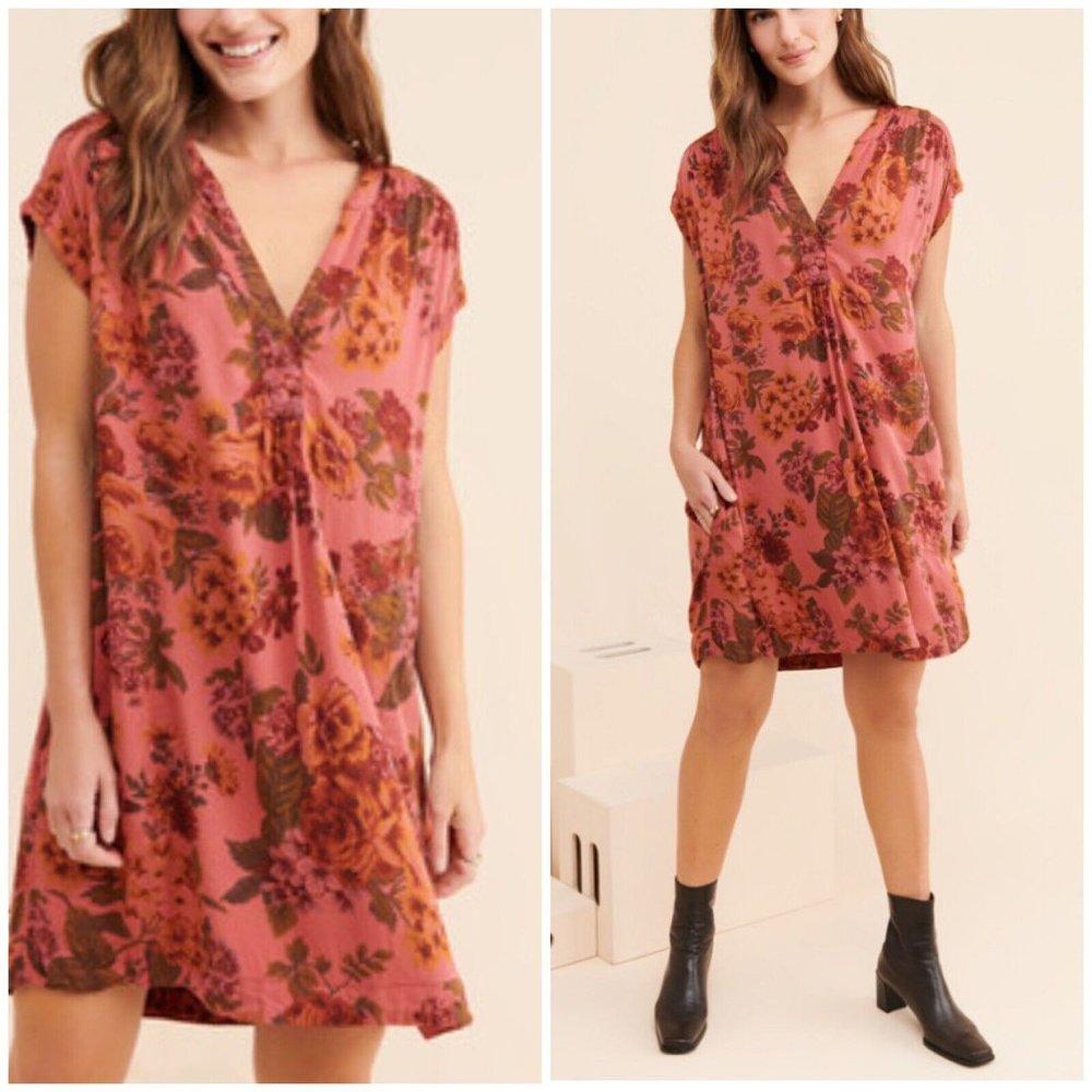 Anthropologie Shirt Dress Small Kimber Floral Pockets Pink Purple Casual Short
